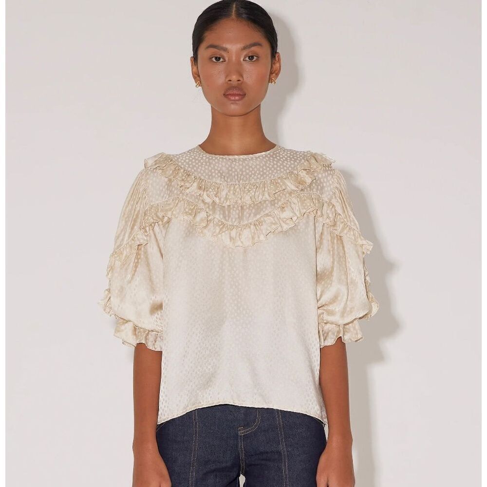 Magali Pascal Size S Puff Sleeve Tiffin Top Ivory Ruffle Coquette Feminine NWT